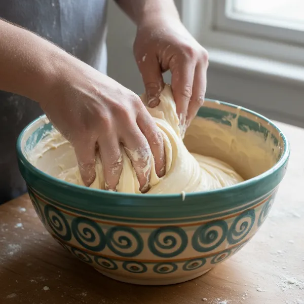 A baker's hands actively mixing dough in a sturdy, colorful ceramic bowl on a wooden countertop, emphasizing stability and depth.