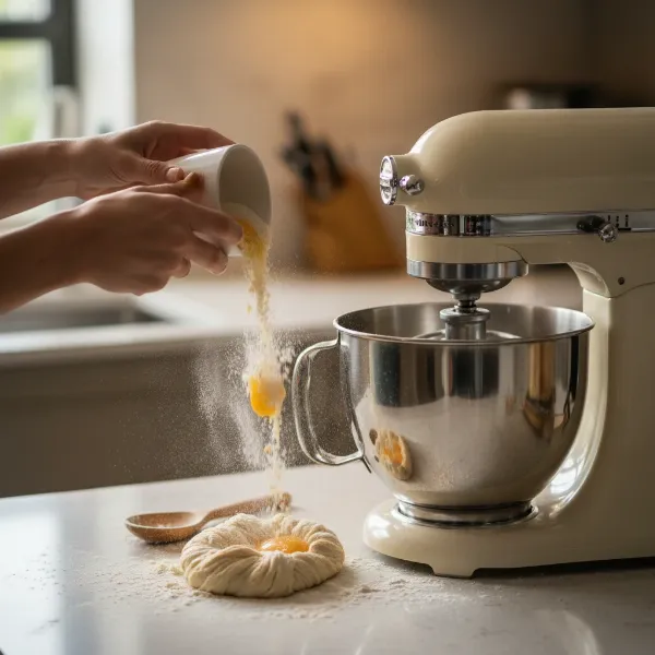 A person confidently using a stand mixer in a modern kitchen, illustrating the practical application of choosing the right bowl size for baking projects.