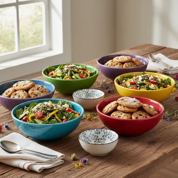 Elegant ceramic mixing bowls filled with fresh salad and baked goods, beautifully displayed on a dining table, highlighting their dual function as serveware.