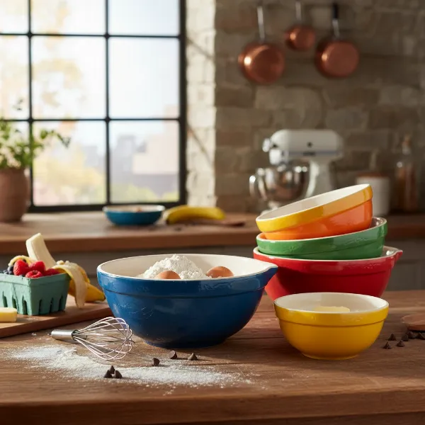 Vibrant ceramic mixing bowls in various sizes, perfect as a thoughtful gift for bakers