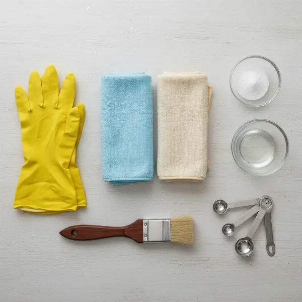 An array of copper polishing tools including soft cloths, gloves, and small mixing bowls for polishing copper bowls.