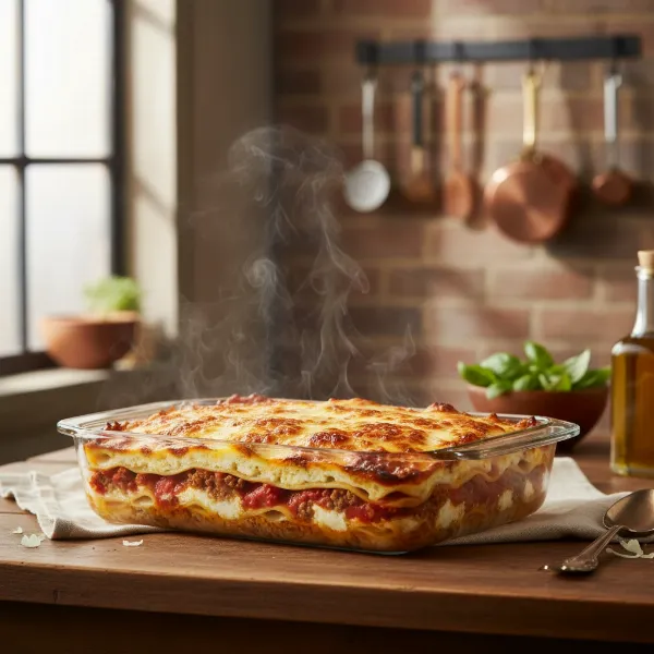 A glass casserole dish with a cooked lasagna, showcasing even browning and steam, highlighting its excellent heat retention properties for baking.
