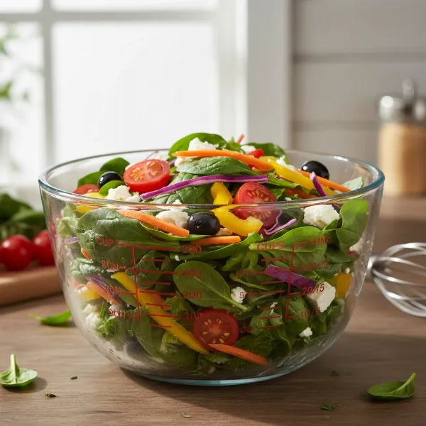 Transparent glass mixing bowl showing internal liquid measurement lines, ideal for visual cooking