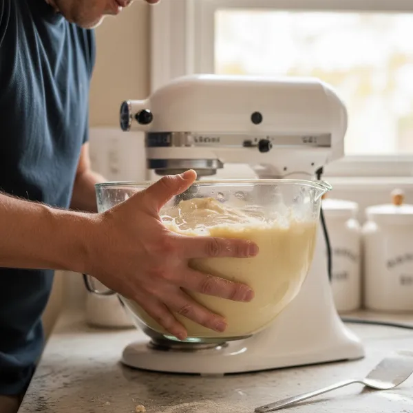 A person carefully lifting a full KitchenAid glass mixing bowl from a stand mixer, emphasizing its weight