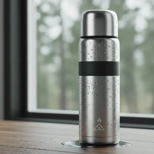A sleek, insulated stainless steel thermos bottle filled with hot coffee, steam rising, illustrating superior heat retention for beverages.