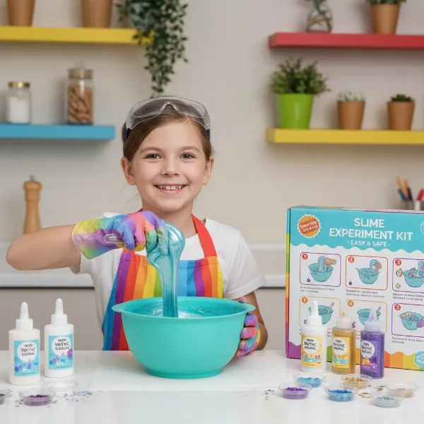 An excited child (around 8-10 years old) holding a brightly colored, non-slip mixing bowl, surrounded by various slime-making ingredients like glitter, glue, and activators, emphasizing the joy of choosing the right tools for a craft project.