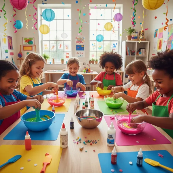 A vibrant and exciting scene of children happily making slime in various types of mixing bowls, with colorful glue, glitter, and activators spread around a clean, safe craft area, all contained and joyful.
