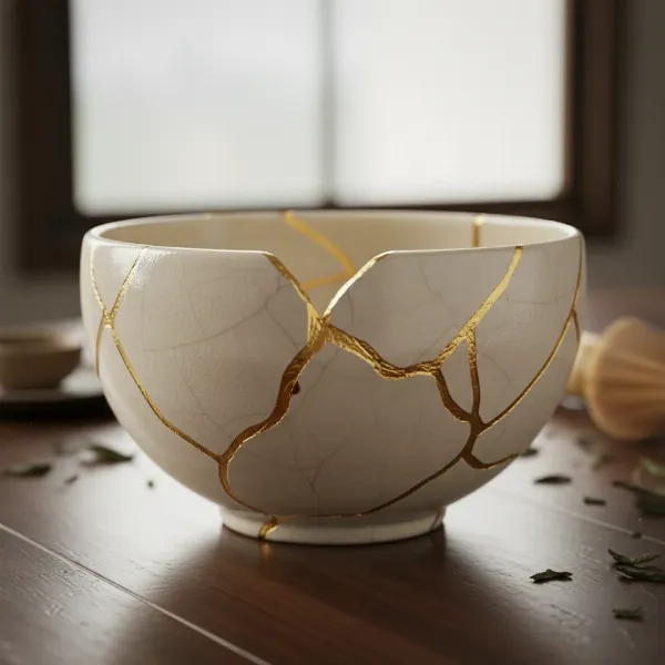 A beautifully repaired ceramic mixing bowl using the Kintsugi method, showing gold lines along the cracks, highlighting the philosophy of embracing imperfections.