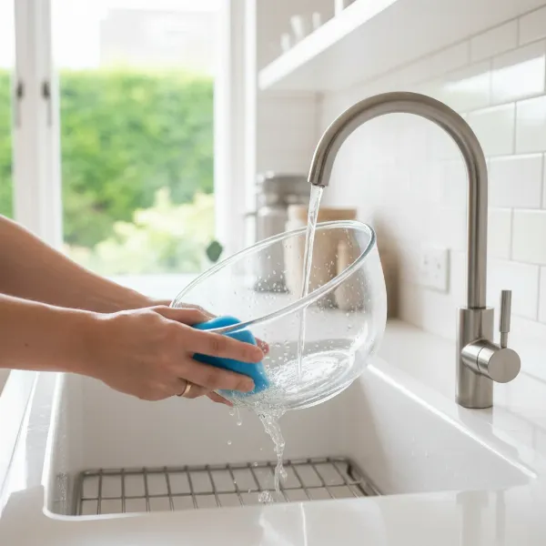 A hand easily cleaning a KitchenAid glass mixing bowl under running water in a modern kitchen sink