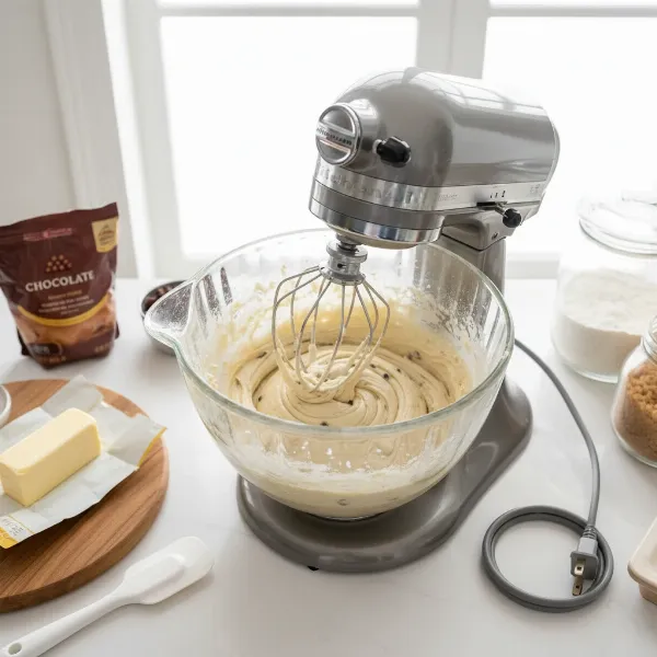 A KitchenAid stand mixer with a clear glass bowl mixing cookie dough, viewed from above, showcasing ingredient visibility