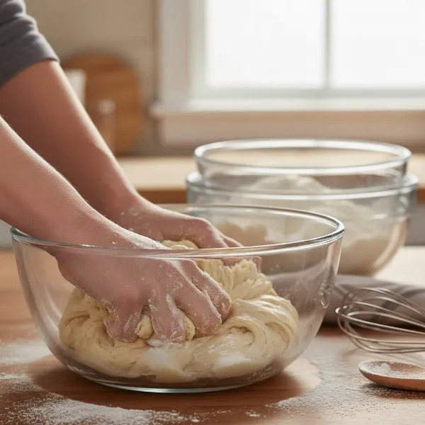 Close-up of Libbey glass mixing bowls being used for baking, emphasizing their sturdy tempered glass material