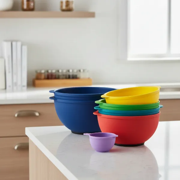 A set of colorful nesting mixing bowls neatly stacked in a small, organized kitchen cabinet or counter space.