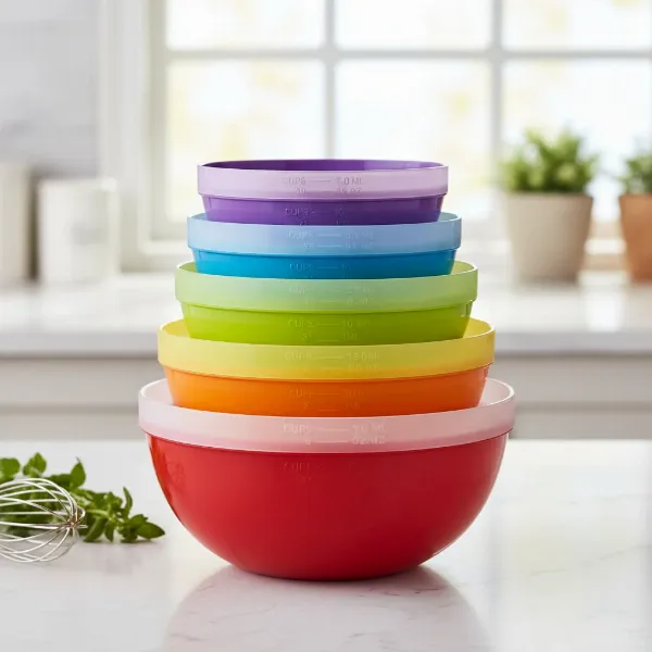 Colorful plastic mixing bowl set with internal measurement markings for everyday use
