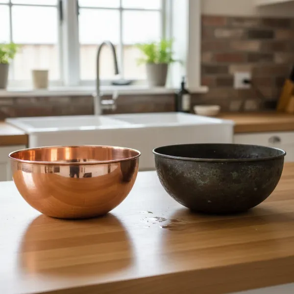 A comparison of a shiny, polished copper bowl next to a dull, tarnished one, highlighting the before and after effect of cleaning.