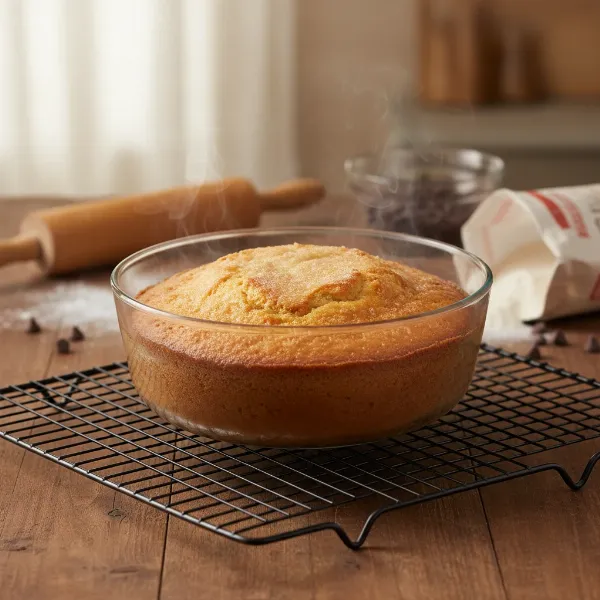 A perfectly baked cake in a Pyrex mixing bowl, ready for cooling on a wire rack