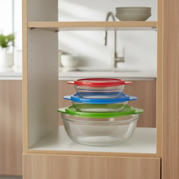 Pyrex Smart Essentials 8-Piece Bowl Set with colored lids, showing the bowls nested to save space in a kitchen cabinet