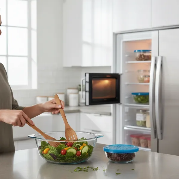 A kitchen counter scene showcasing the Pyrex Smart Essentials 8-Piece Bowl Set in use for various tasks: one bowl for mixing salad, another with a lid storing ingredients in the fridge, and a smaller one in the microwave warming food.