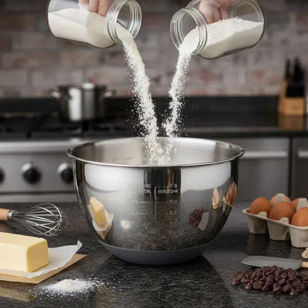 Stainless steel mixing bowl with visible internal measurement marks and a non-slip base, perfect for baking