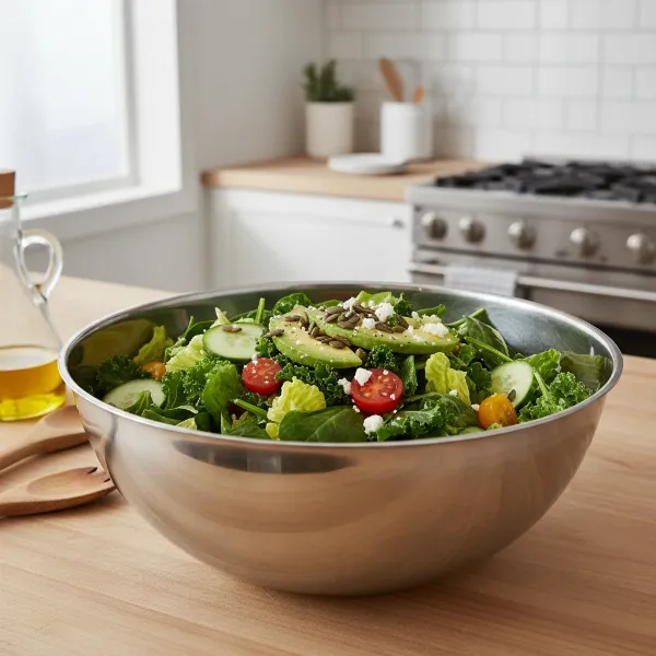 A sleek stainless steel mixing bowl filled with a vibrant green salad, ready for serving.