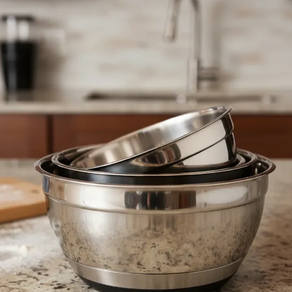 Close-up of three gleaming stainless steel mixing bowls nested together, showcasing their polished finish and durable construction for kitchen use.