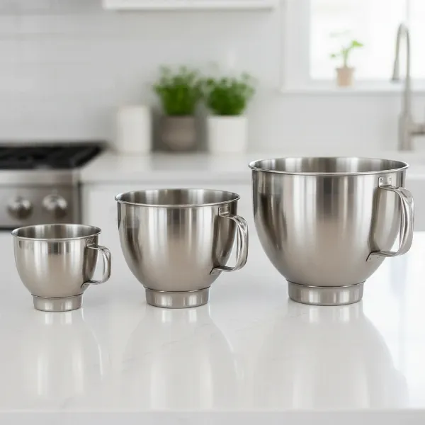 A comparison of various stand mixer bowl sizes, including 3.5-quart, 5-quart, and 7-quart options, showcasing their relative capacities for baking.