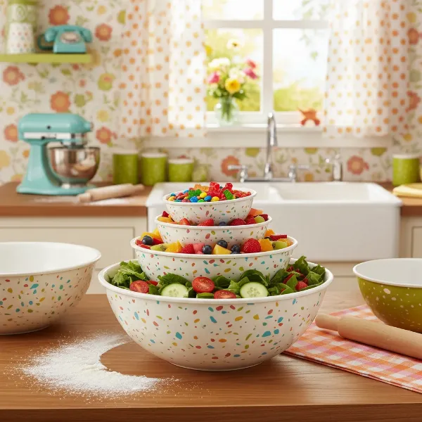 Vibrant Zak Designs Confetti melamine mixing bowls in various sizes nested in a retro-style kitchen